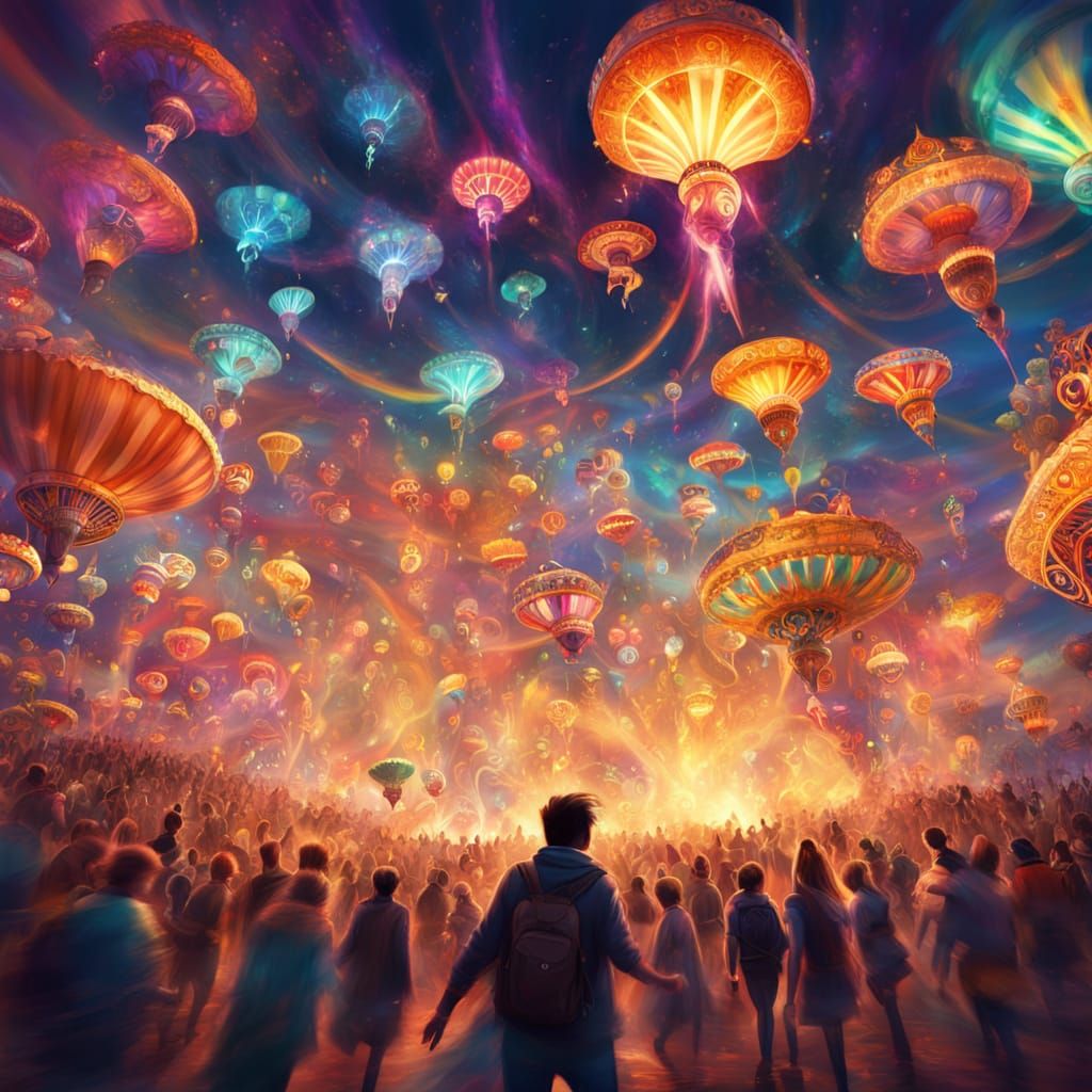 Fantasy Carnival with Levitating Figures and Glowing Auras