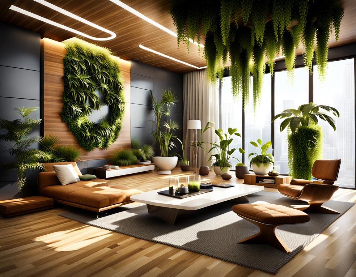 Futuristic Wooden Room with Plants
