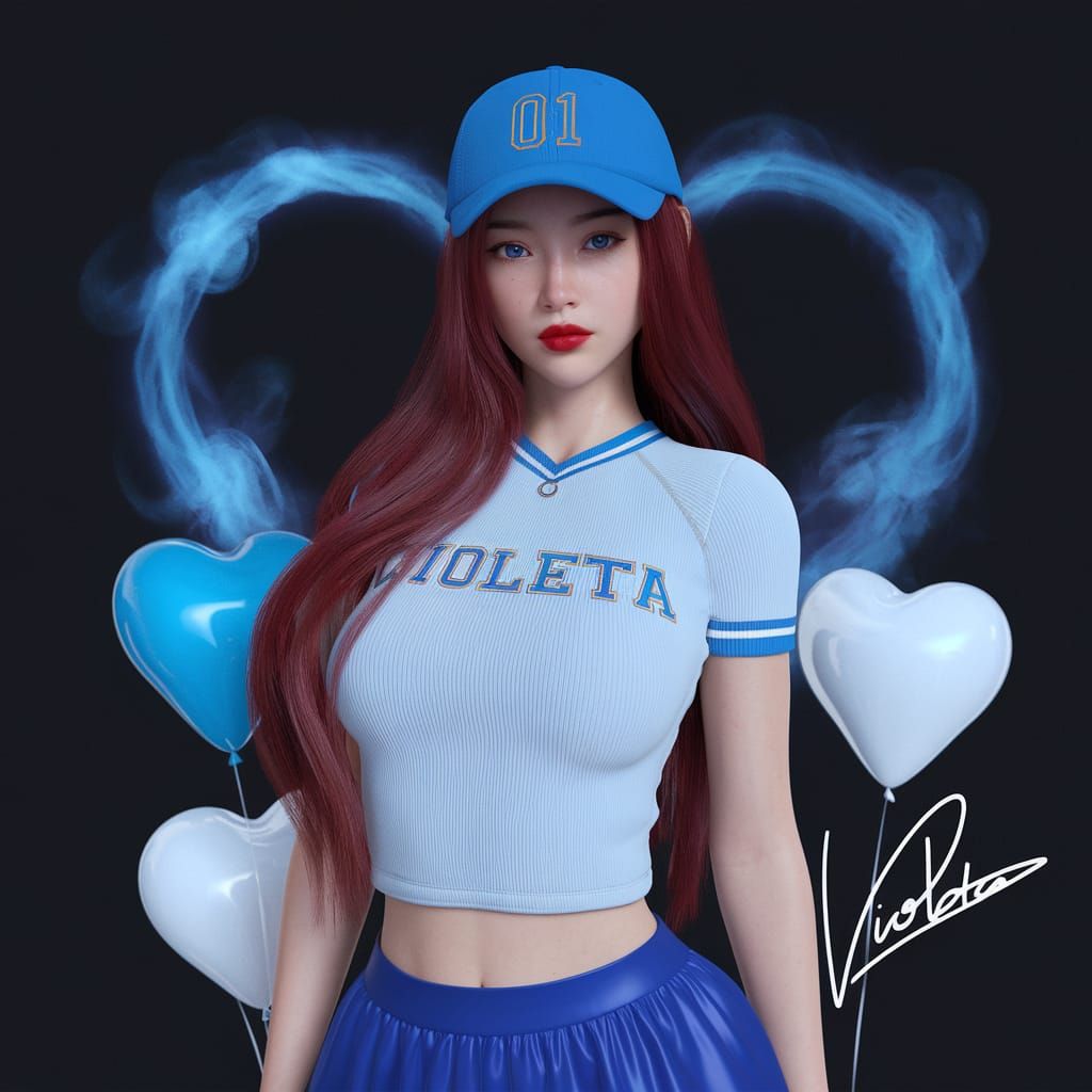 Beautiful Korean Woman in 3D Render with Heart Balloons
