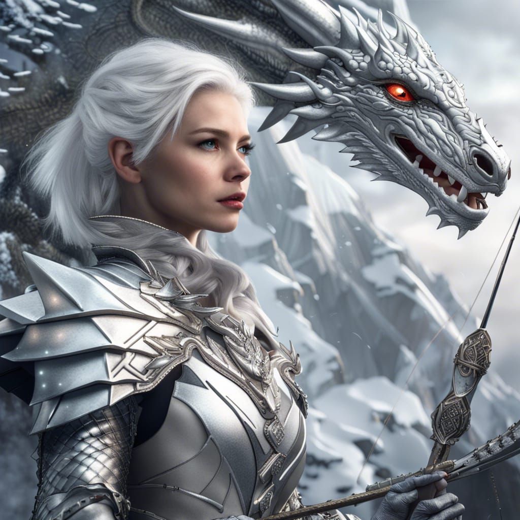 Woman and Silver Dragon on Snowy Cliffside