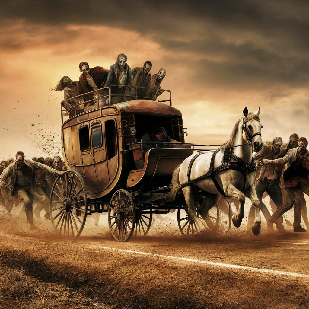 Zombie Horde Pursues Stagecoach in Panoramic Scene