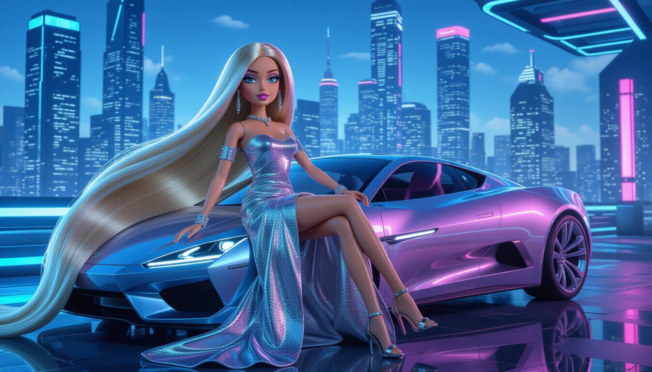 Bratz Doll in Futuristic Cityscape, 3D Rendered