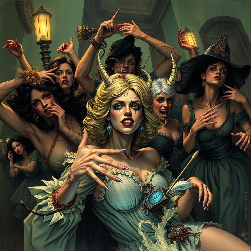 Chaotic Frenzy of Madwomen in Balthus Style