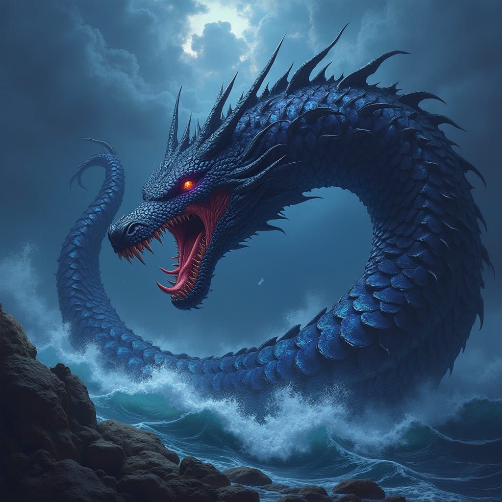 Epic Classical Sea Serpent, Dark Iridescent Scales, Fearful....
