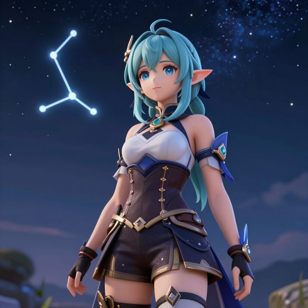 Detailed Elf Woman Under Starry Night Sky