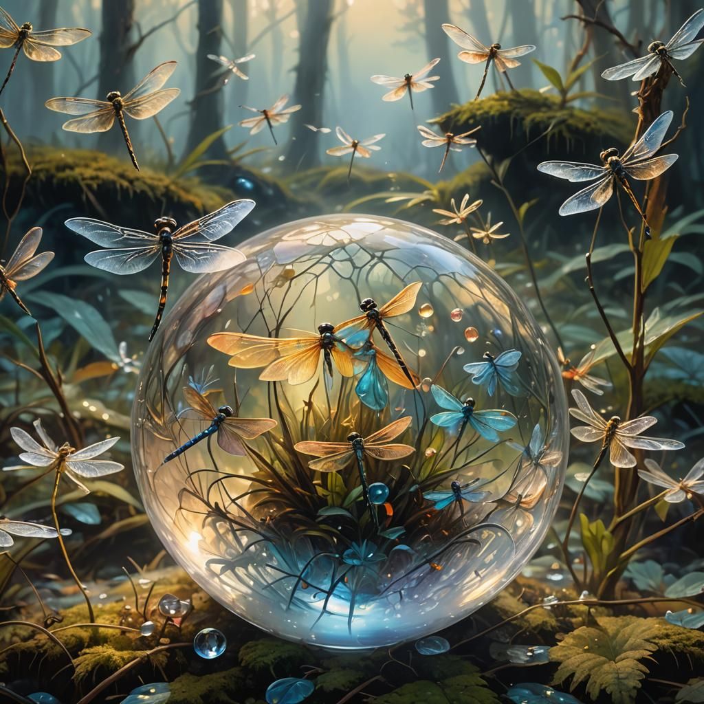 Dragonflies in Crystal Ball: Surrealist Oil Painting