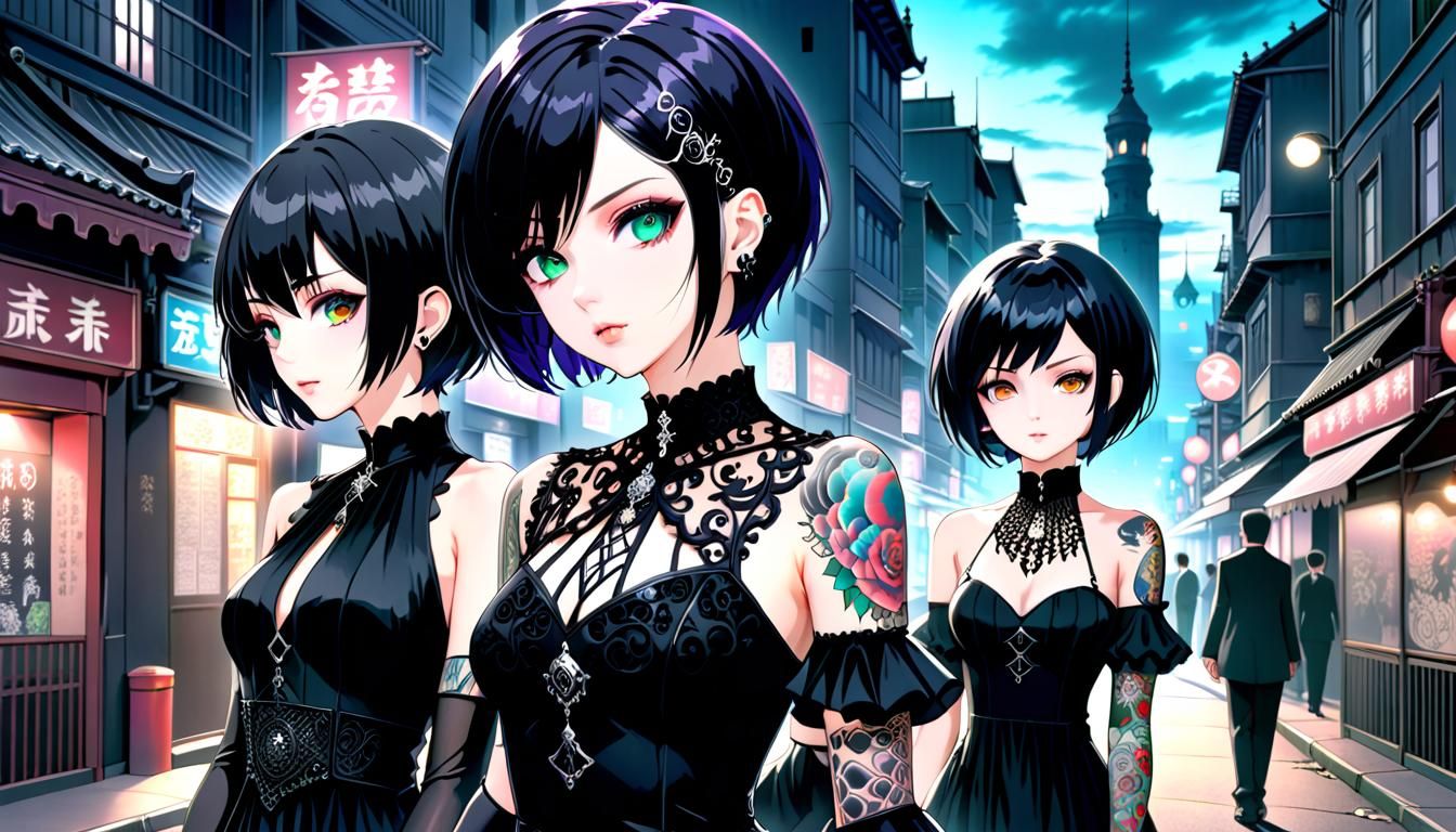 Goth Women in City Street, Anime Manga Style
