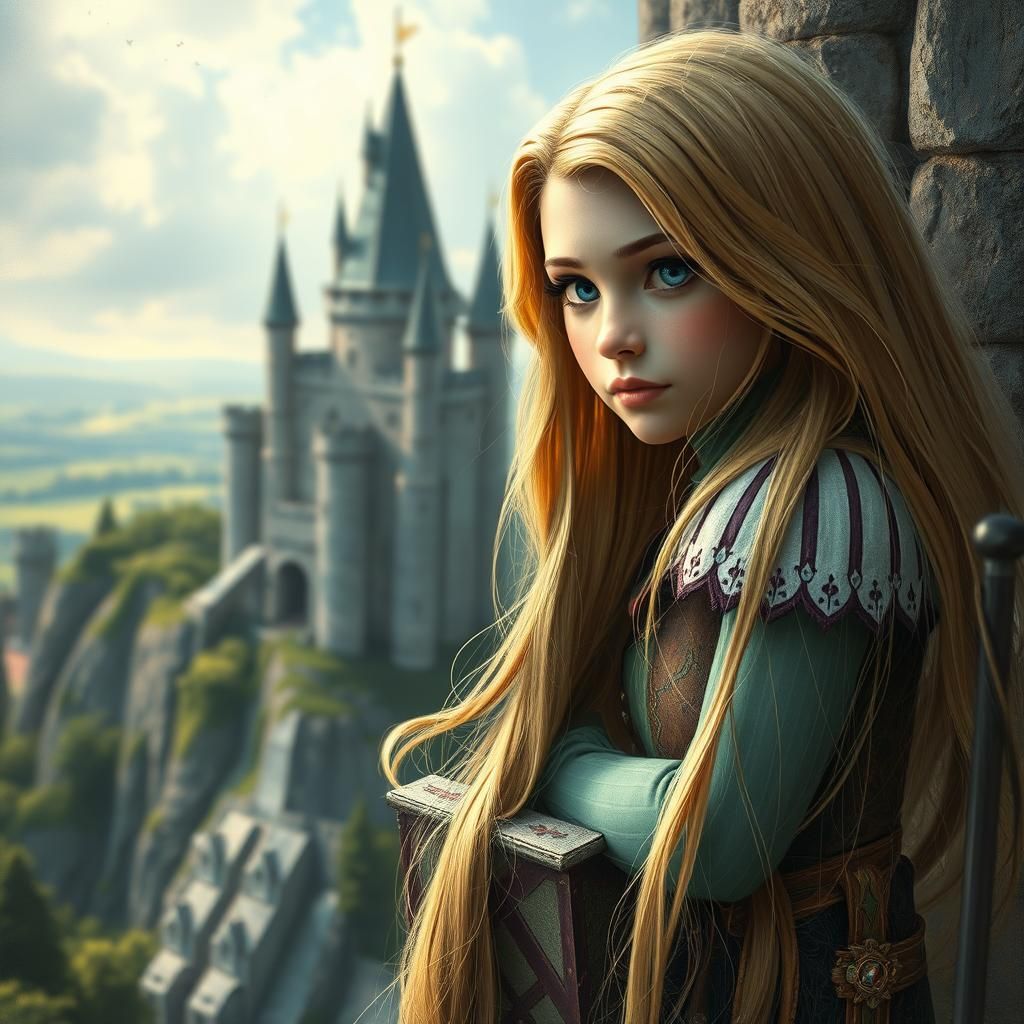 Rapunzel in Tower: Whimsical Photorealistic Portrait