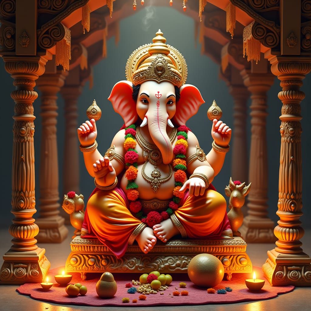 Lord Ganesh Amidst Golden Light: Indian Folk Art