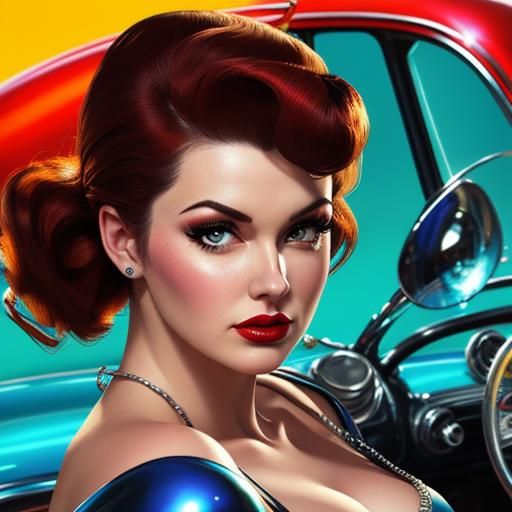 1950s Pin-Up Girl with Hot Rod, Hyperrealistic Splash Art