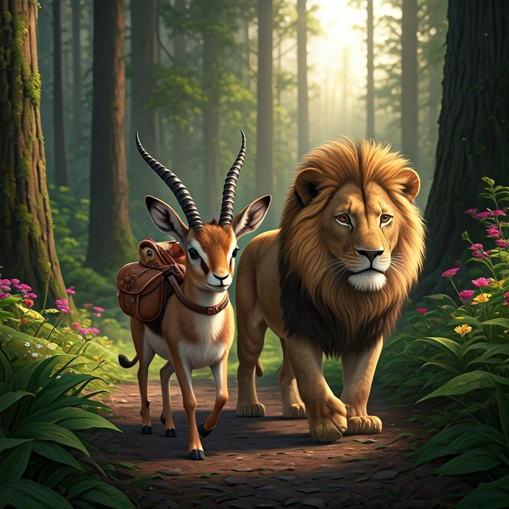 Gazelle and Lion Friends in a Lush Forest