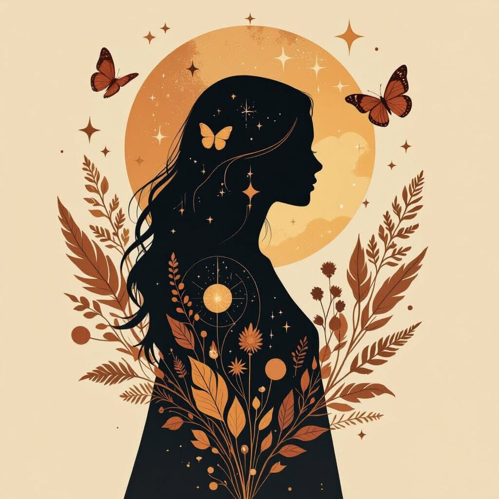 Boho Silhouette with Celestial Elements, Matte Painting