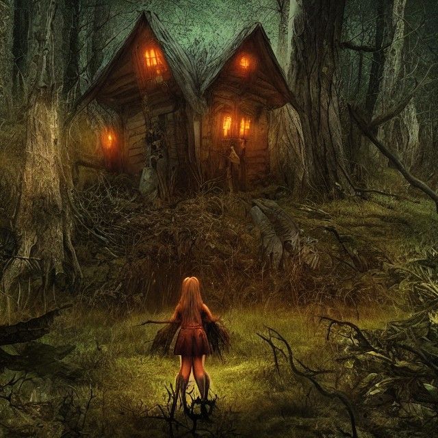Witch Defends Hut with Magic in Ominous Forest