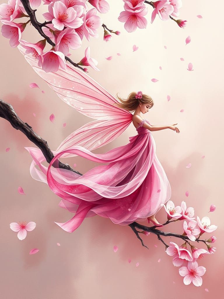 Vibrant Cherry Blossom Fairy in Whimsical Abstract Style