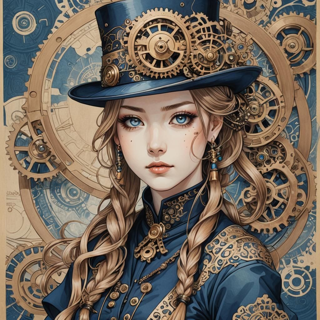 Steampunk Girl Portrait in Ukiyo-e Style