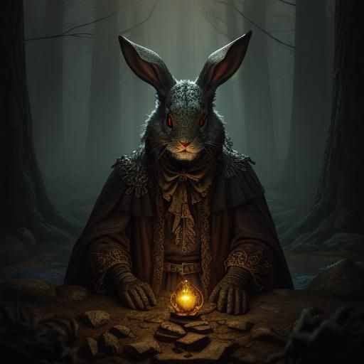 Lovecraftian Rabbit in Forest, Romantic Action Painting