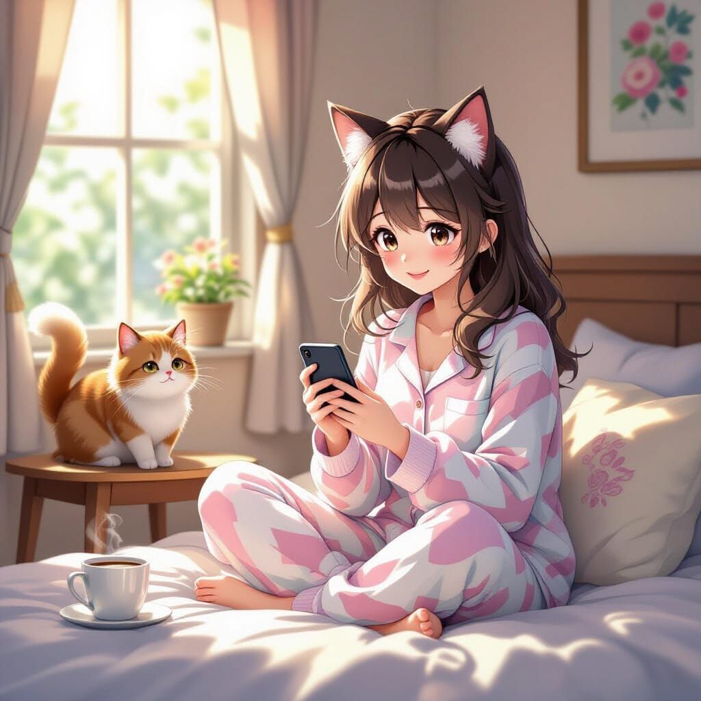 Woman with Cat Ears in Cozy Bedroom, Anime Style
