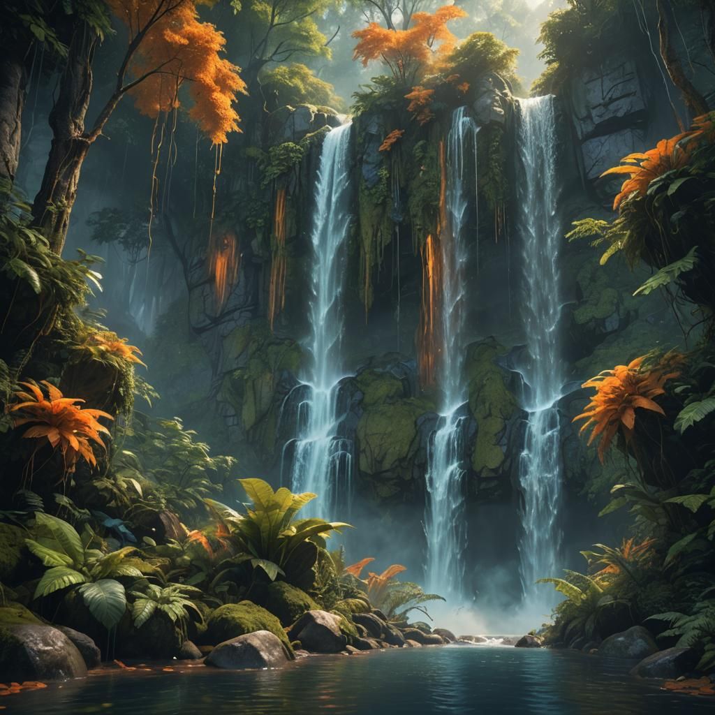 Lush Forest: Tall Waterfall in Fantasy Art Style