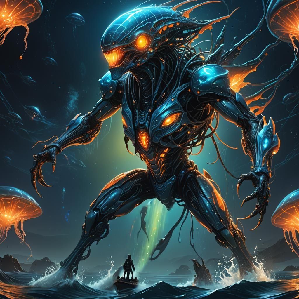 Alien Creature and Vehicle in Deep Ocean