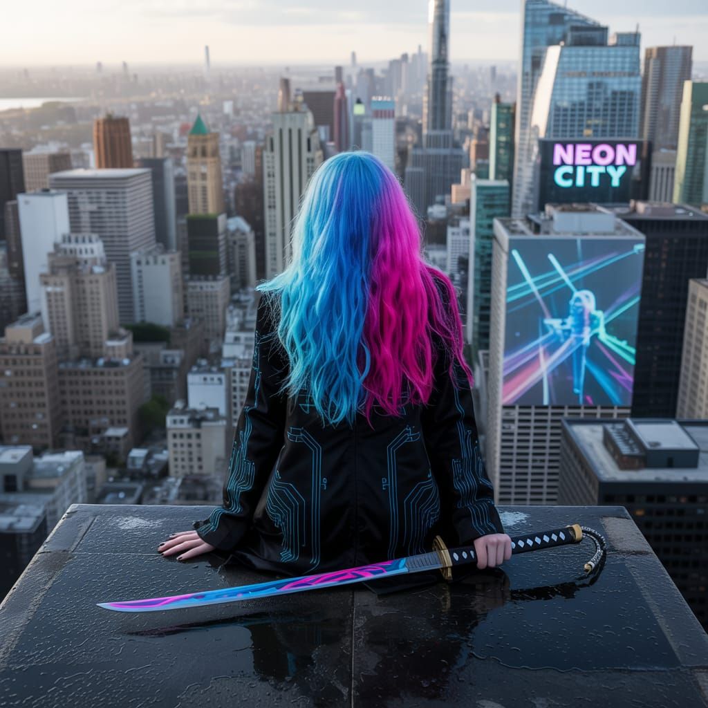 Cyberpunk Woman with Neon Katana Overlooking Neon City