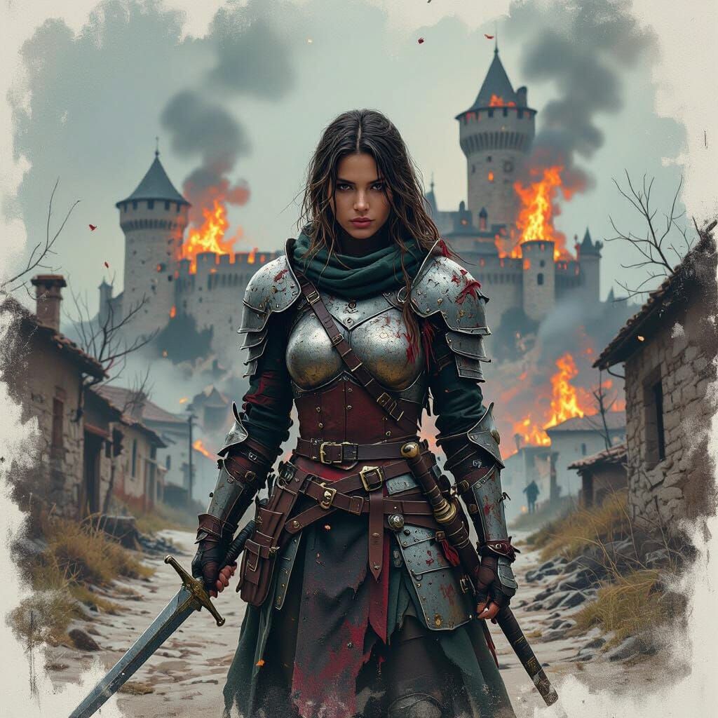 Medieval Warrior in Burning Castle, Graffiti Art Style