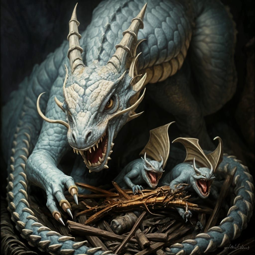 Fierce Dragon Guards its Young: Detailed Painting