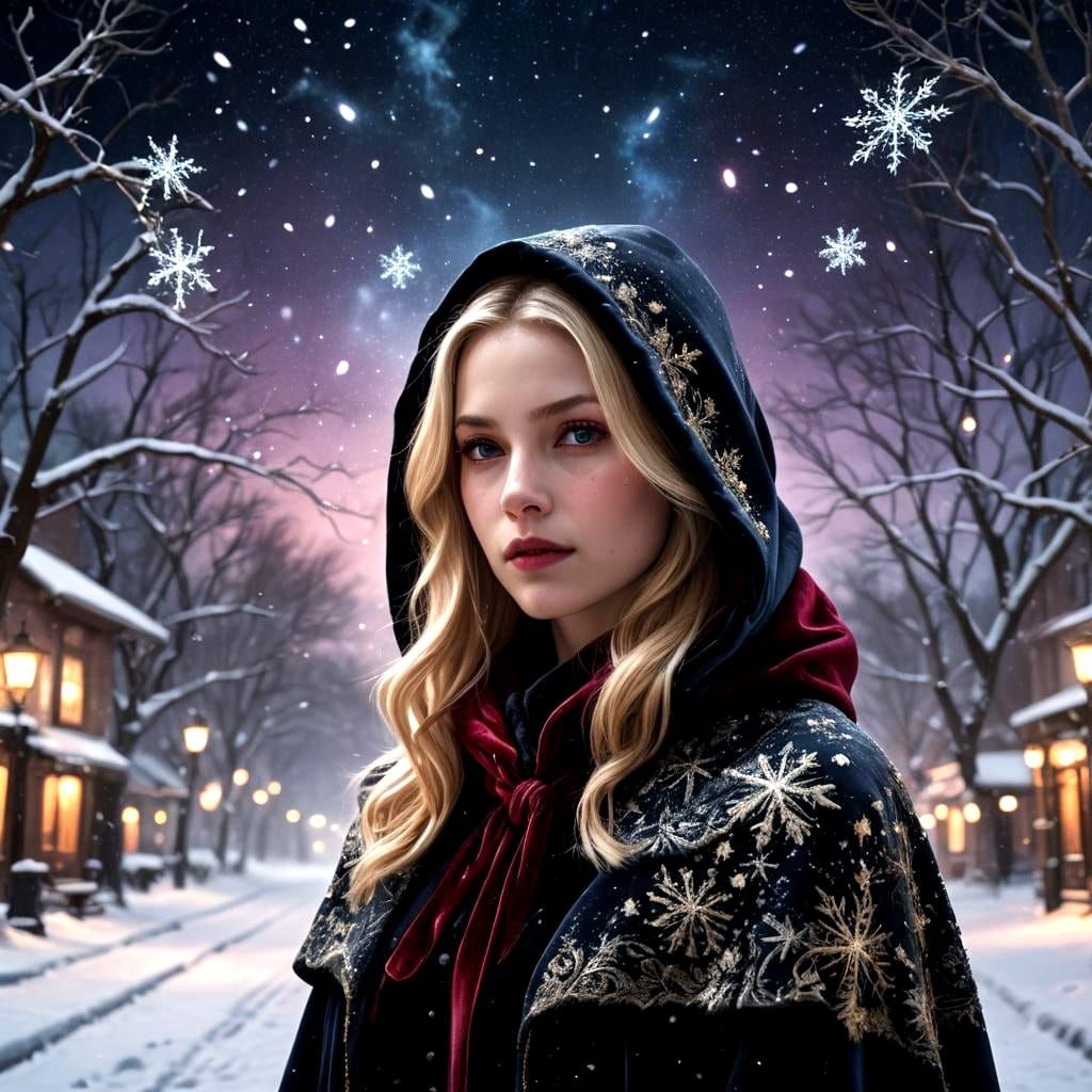 Blonde Woman in Velvet Hood Under Moonlight
