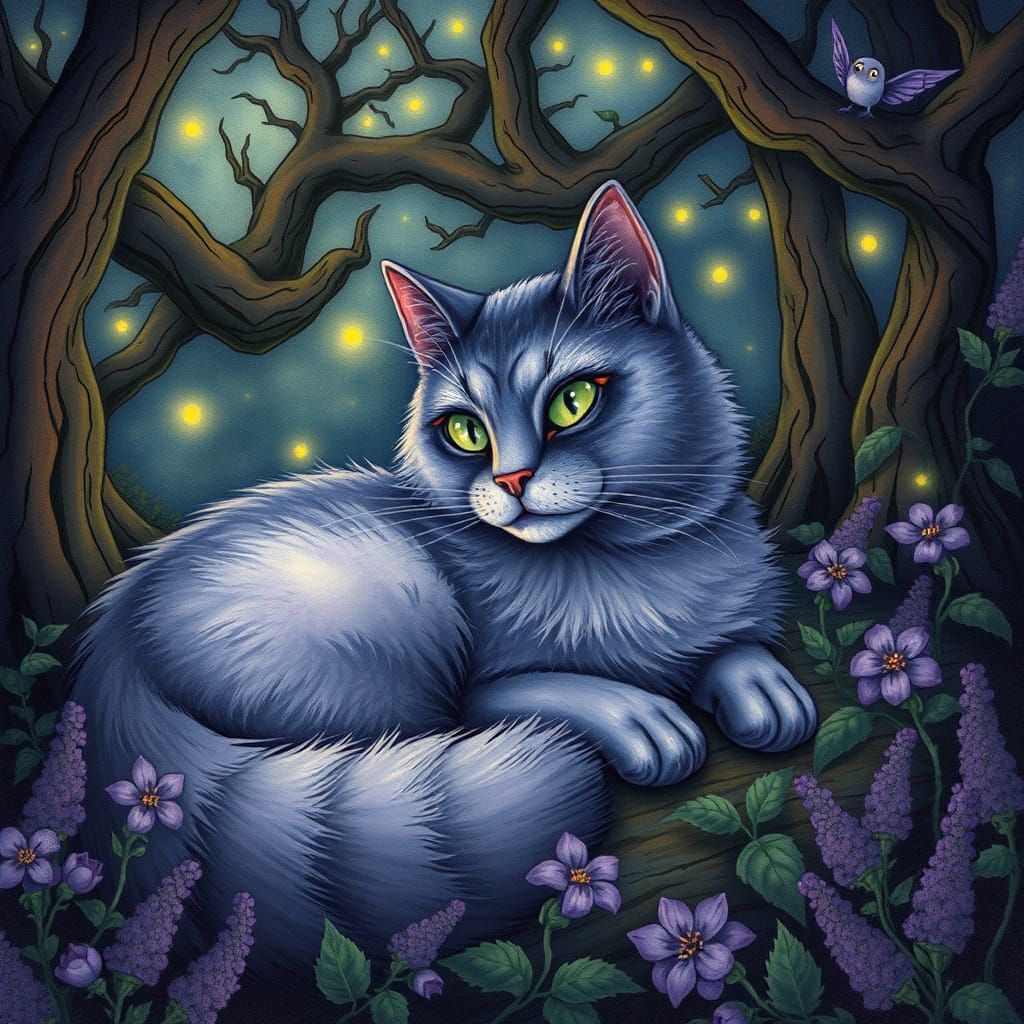 Whimsical Elderberry Cat in Twilight Garden