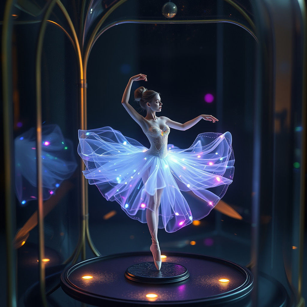Ethereal Ballerina in Dreamlike Music Box Scene with Biolumi...