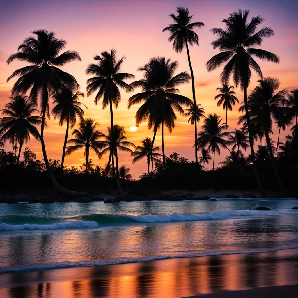 Tropical Sunset Beach with Palm Silhouettes