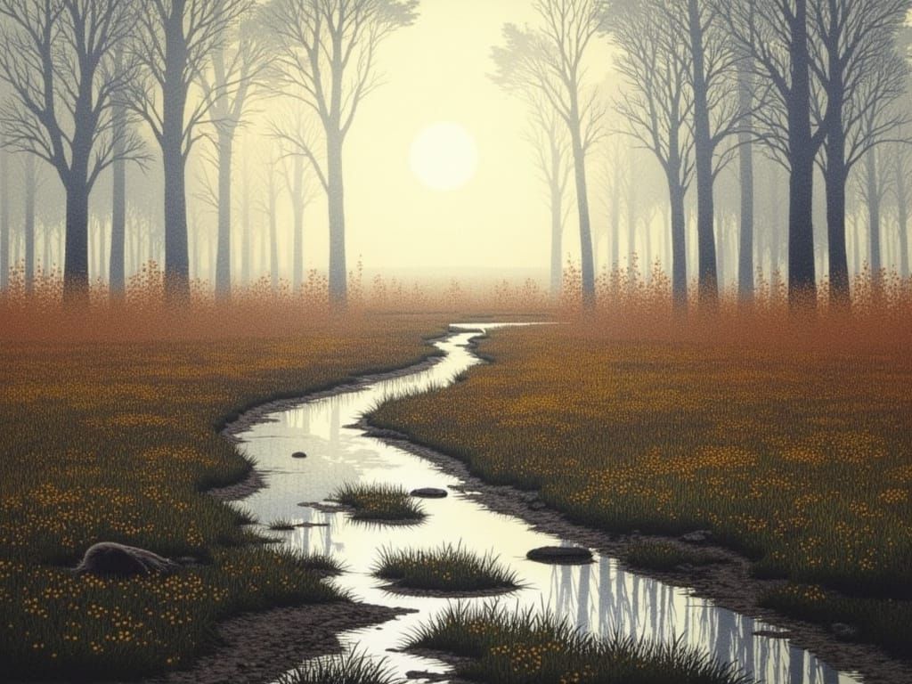 Whimsical Watercolor Landscape of a Misty Bog at Dusk