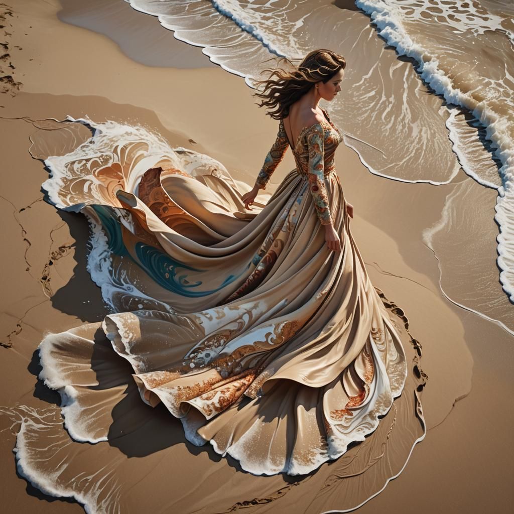 woman with a large dress standing on the beach