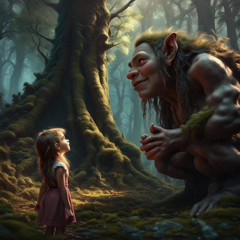 Girl and Troll in Enchanted Forest