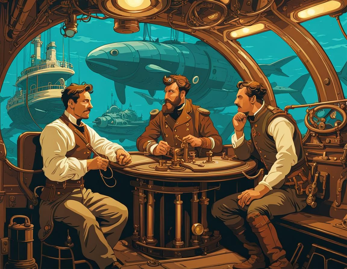 Steampunk Explorers Encounter Giant Squid in Submarine
