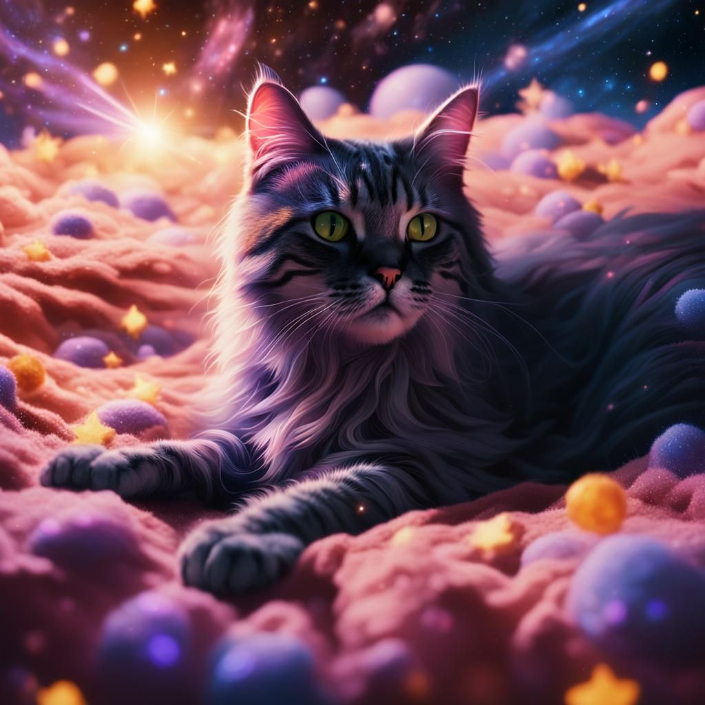 Celestial Cat Resting in Comet Bed: Cinematic Film Still