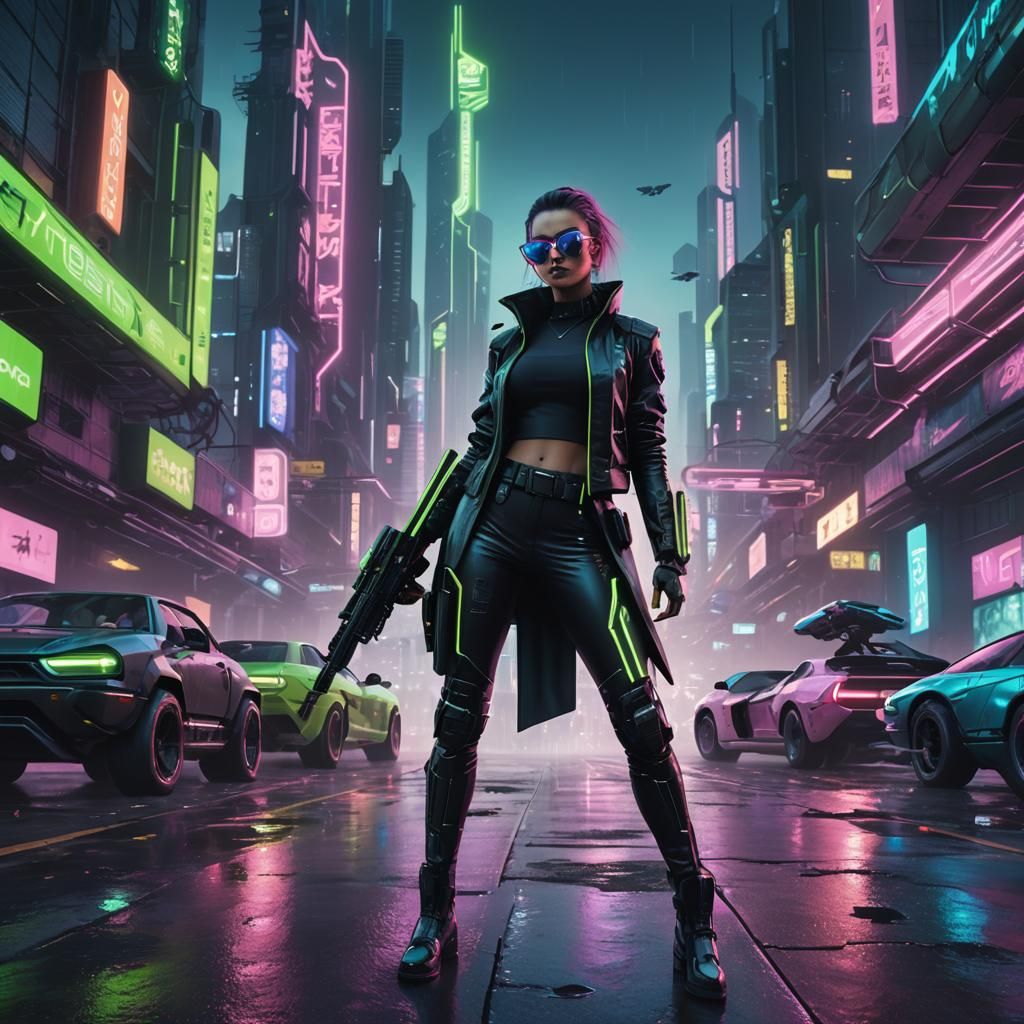 Cyberpunk Girl in Cityscape with Flying Cars