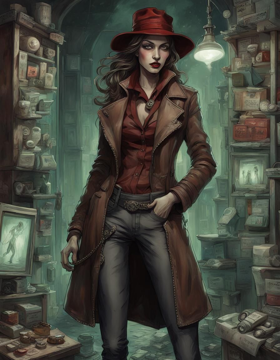 Dystopian Paranormal Investigator in Dark Cyberpunk Style