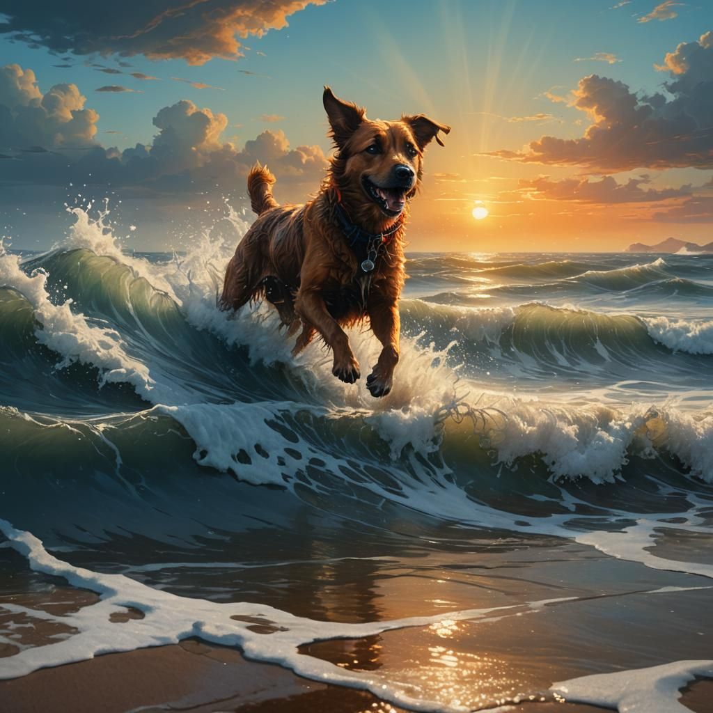 Dog Playing in Ocean: Fantasy Concept Art