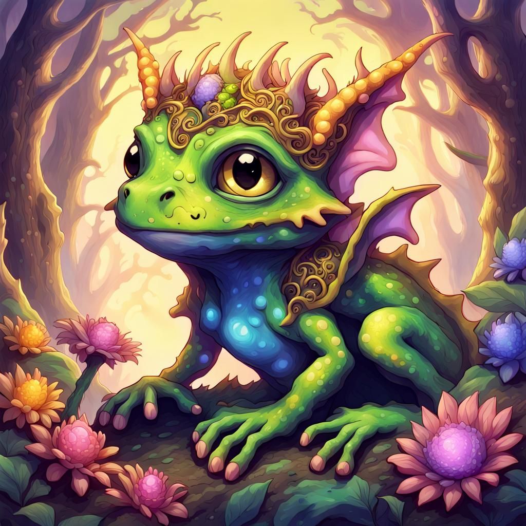 Golem Holding a Cute Dragon-Frog Nymph