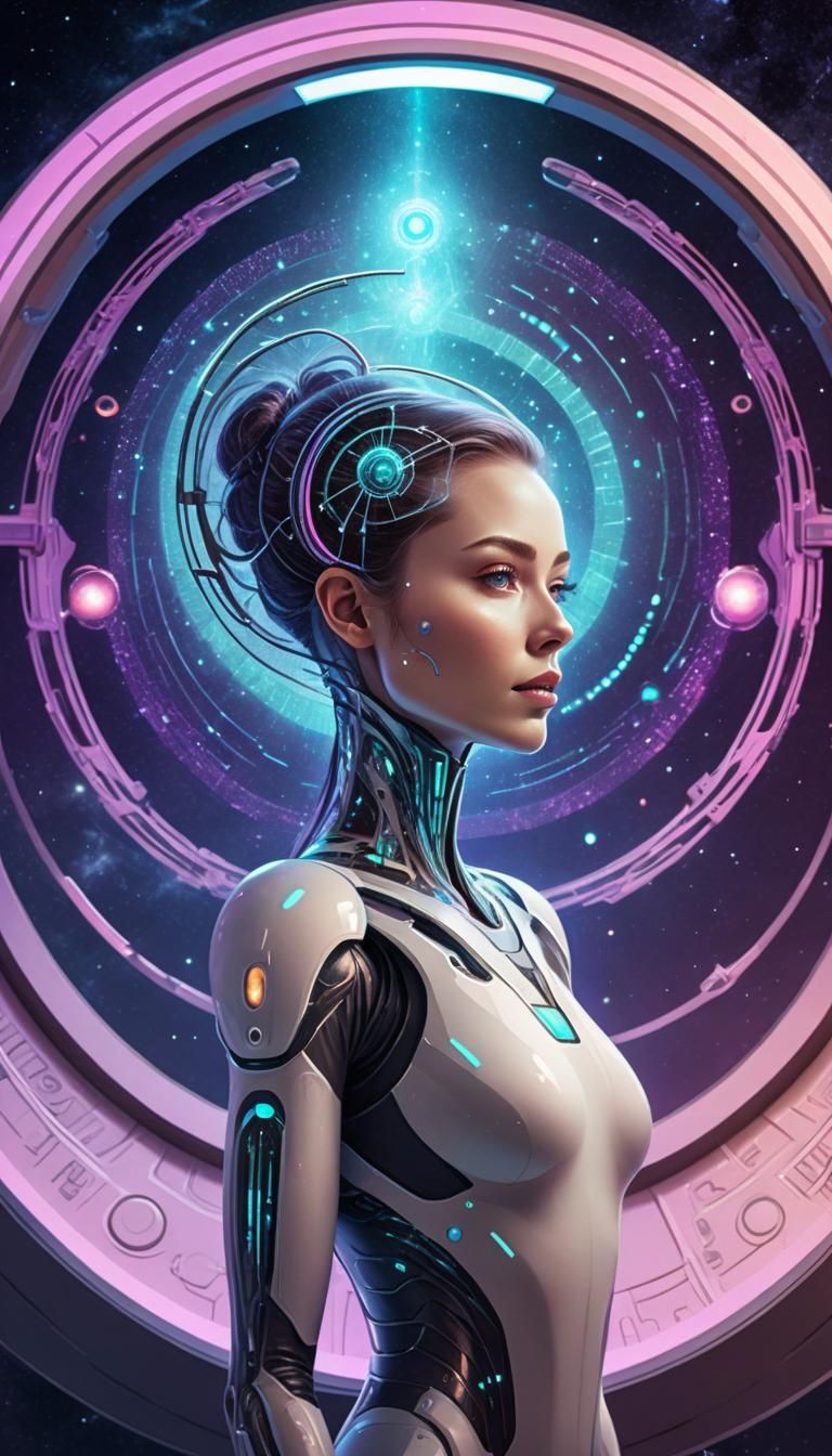 Android Woman in Lab with Space Portal