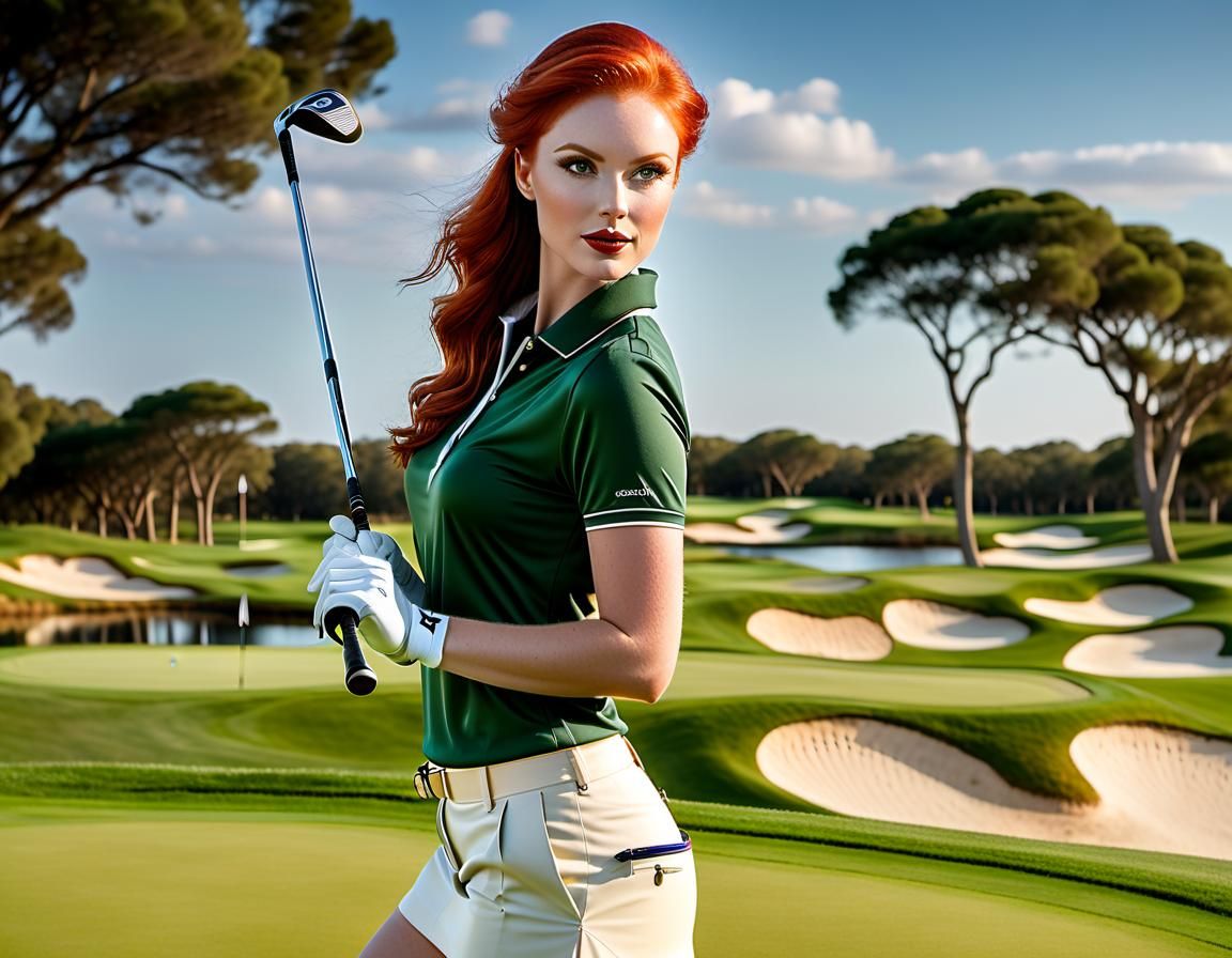 Redhead Golfer on Grassy Course, Photorealistic