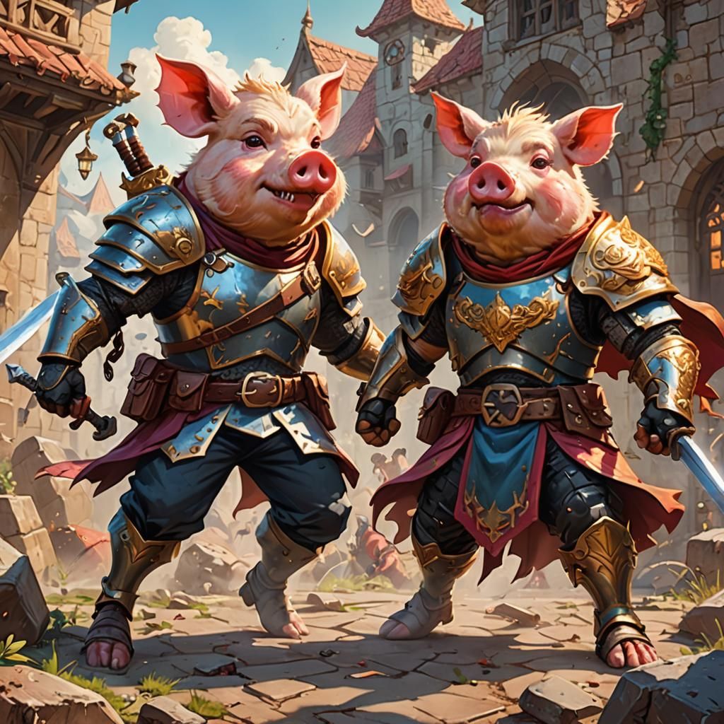 Fantasy Pork Chops Action Scene: Painterly Digital Art
