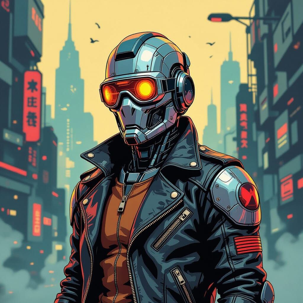 Chrome Cyborg in Retro-Futuristic Metropolis