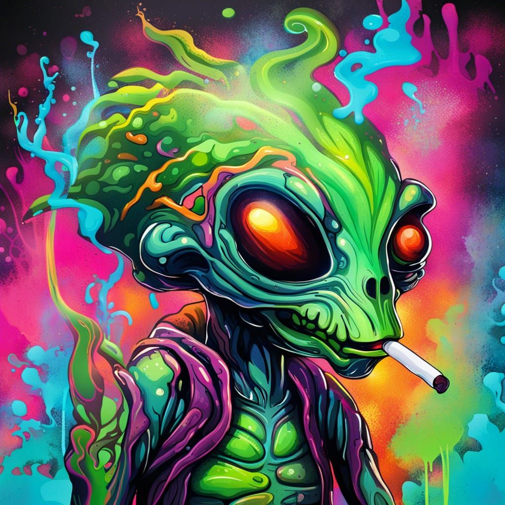 Whimsical Smoking Alien in Graffiti Street Art Style