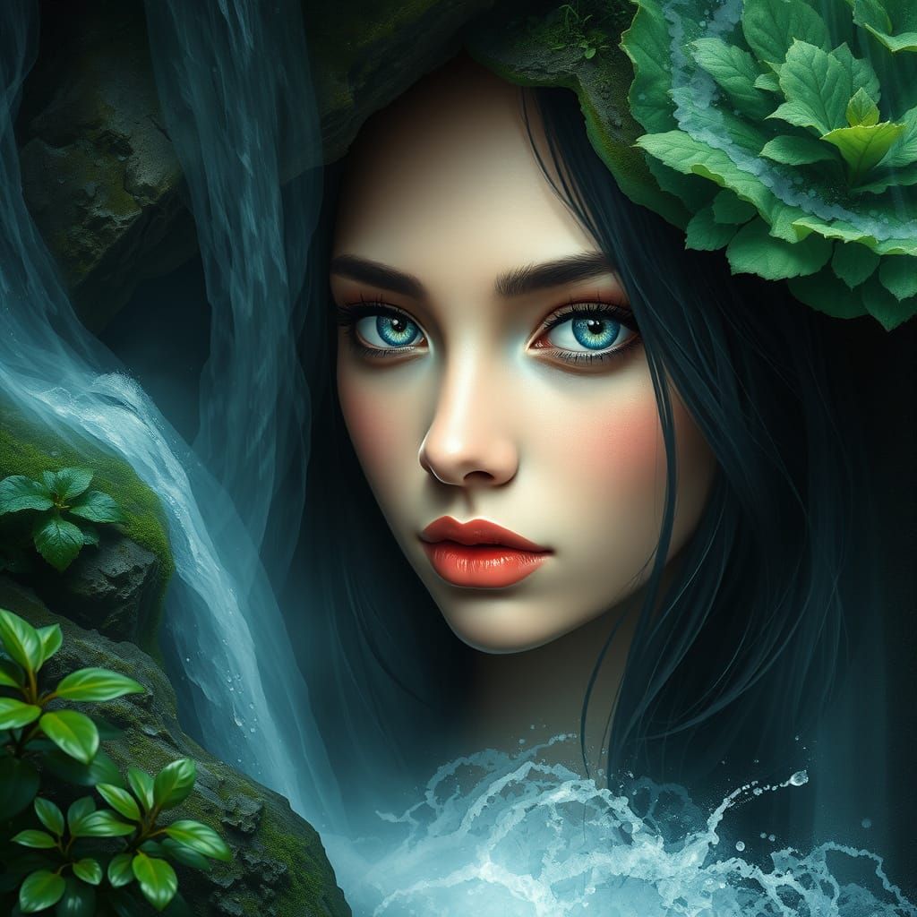 Ethereal Eyes Emerge from Waterfall in Dreamlike Harmony