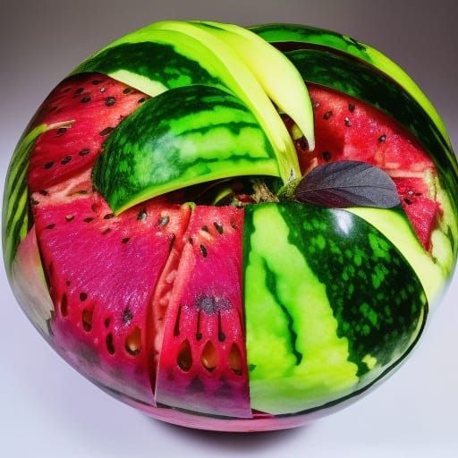 Watermelon Fruit Basket: Hyperrealistic Still Life