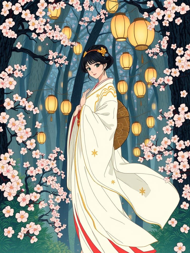 Serene Princess in Whimsical Cherry Blossom Forest