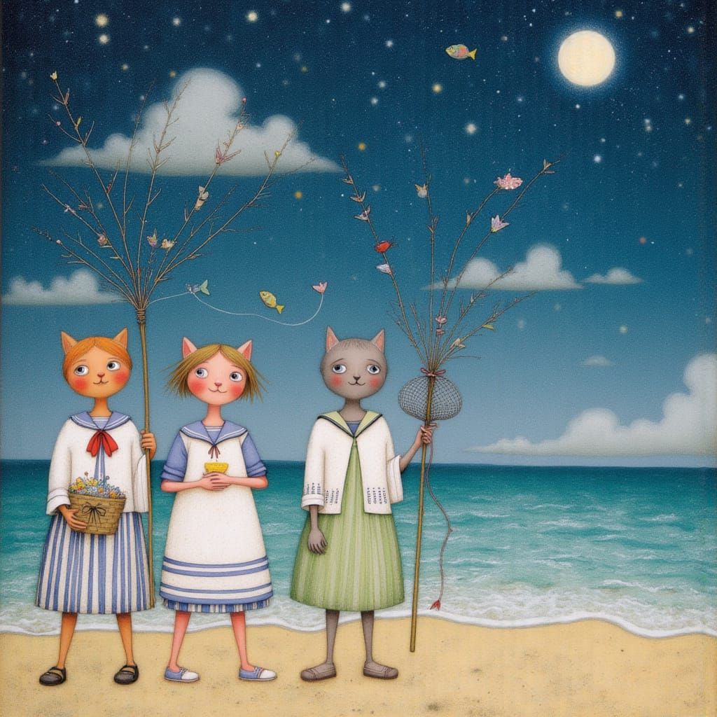 Humorous Cats Watch Meteor Shower, Watercolor Illustration