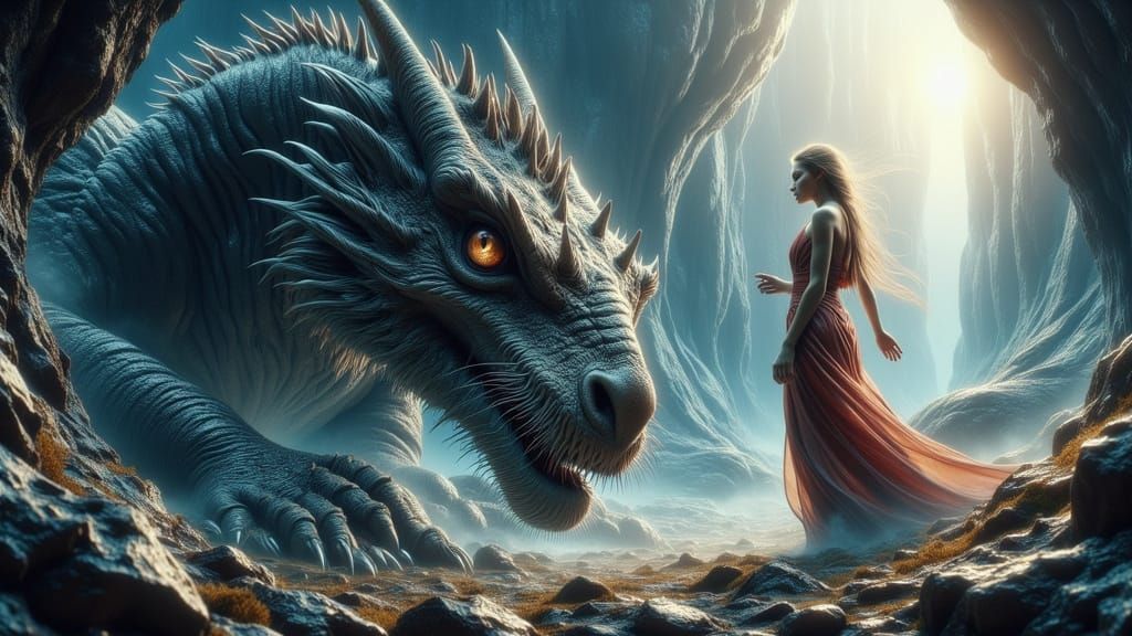 Woman Awakens Colossal Dragon in Mystical Cavern