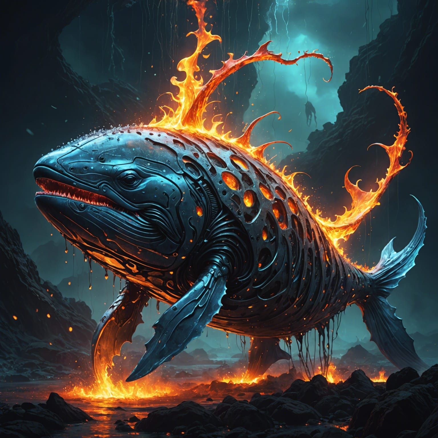 Magical Glowing Robot Whale in Surreal Landscape